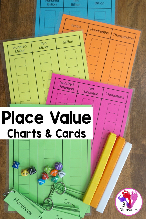 Free Place Value Mats & Cards - charts and cards for place value from ones to billions with tenths, hundredths and thousandths for decimals - 3Dinosaurs.com #freeprintable #handsonmath #mathprintables #firstgrade #secondgrade #thirdgrade #fourthgrade