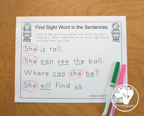 Free Romping & Roaring Primer Sight Words: Say, She, So, Soon - you have 6 pages for each sight word that work on learning the sight word in different ways with reading, writing, and finding. 3Dinosaurs.com