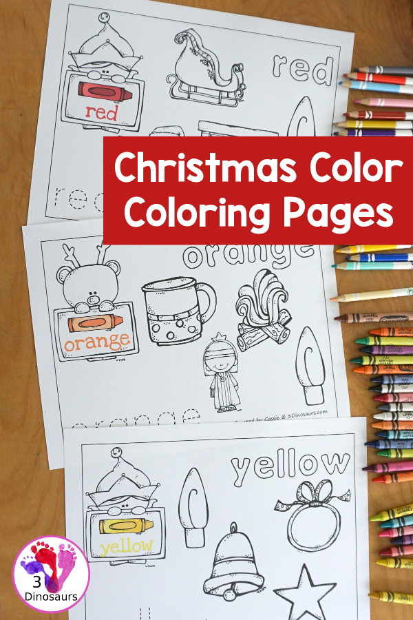 Free Christmas Color Coloring Pages - 11 color pages with color words to trace and Christmas pictures to color. Easy to use for Christmas and great for kids in prek and kindergarten - 3Dinosaurs.com
