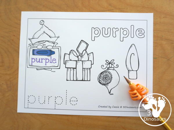 Free Christmas Color Coloring Pages - 11 color pages with color words to trace and Christmas pictures to color. Easy to use for Christmas and great for kids in prek and kindergarten - 3Dinosaurs.com