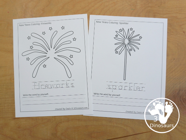 Free New Years Coloring with Word Print & Cursive - You have 9 New Years words for kids to work on tracing beginning sounds or new years words. These come in print and cursive options for kids. They trace letters or words and then write letters or words. 3Dinosaurs.com