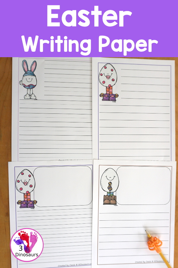 Free Easter Writing Pages  has two types of prewriting lines with guidelines and single line paper options. There is with drawing window and without drawing window.  3Dinosaurs.com