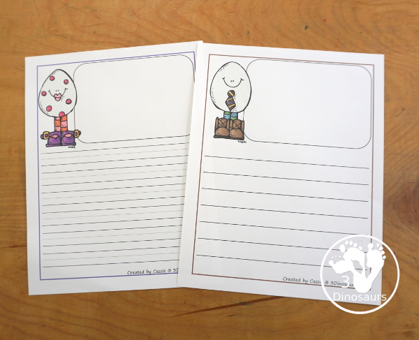 Free Easter Writing Pages  has two types of prewriting lines with guidelines and single line paper options. There is with drawing window and without drawing window.  3Dinosaurs.com