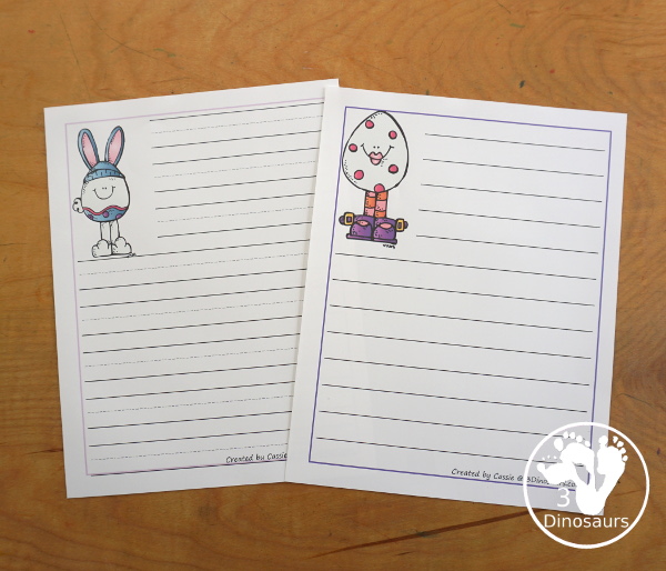 Free Easter Writing Pages  has two types of prewriting lines with guidelines and single line paper options. There is with drawing window and without drawing window.  3Dinosaurs.com
