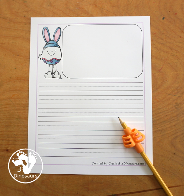 Free Easter Writing Pages  has two types of prewriting lines with guidelines and single line paper options. There is with drawing window and without drawing window.  3Dinosaurs.com
