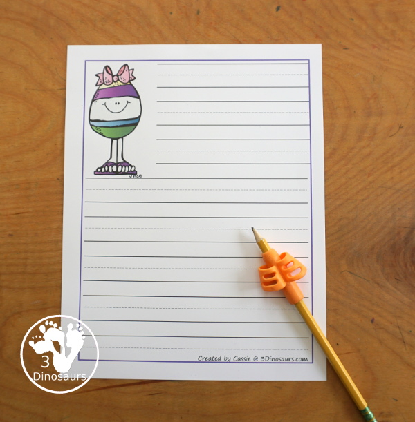 Free Easter Writing Pages  has two types of prewriting lines with guidelines and single line paper options. There is with drawing window and without drawing window.  3Dinosaurs.com
