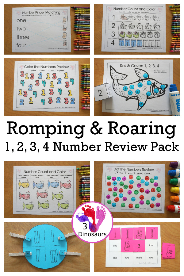 Free Romping & Roaring Number 1,2 , 3, 4 Review Pack with a mix of hands-on and no-prep number worksheets in black and white that work on review numbers 1, 2, 3, 4 - 3Dinosaurs.com