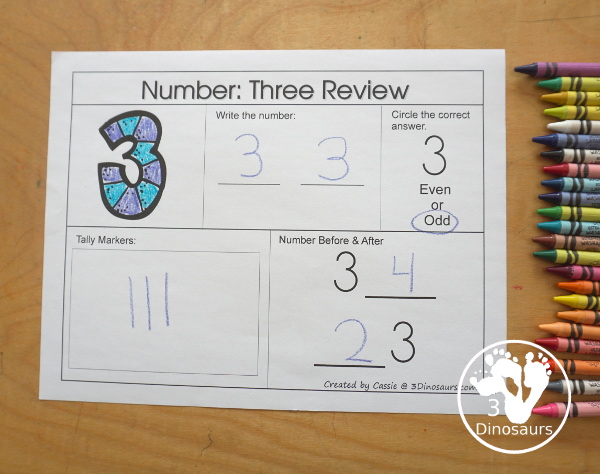 Free Romping & Roaring Number 1,2 , 3, 4 Review Pack with a mix of hands-on and no-prep number worksheets in black and white that work on review numbers 1, 2, 3, 4 - 3Dinosaurs.com