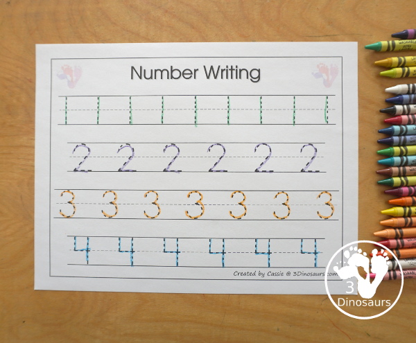 Free Romping & Roaring Number 1,2 , 3, 4 Review Pack with a mix of hands-on and no-prep number worksheets in black and white that work on review numbers 1, 2, 3, 4 - 3Dinosaurs.com