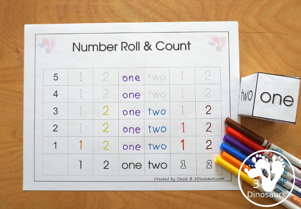 Free Romping & Roaring Number 1,2 , 3, 4 Review Pack with a mix of hands-on and no-prep number worksheets in black and white that work on review numbers 1, 2, 3, 4 - 3Dinosaurs.com