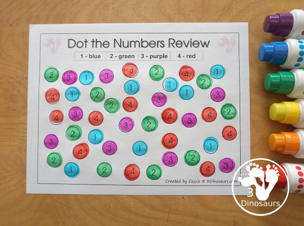 Free Romping & Roaring Number 1,2 , 3, 4 Review Pack with a mix of hands-on and no-prep number worksheets in black and white that work on review numbers 1, 2, 3, 4 - 3Dinosaurs.com