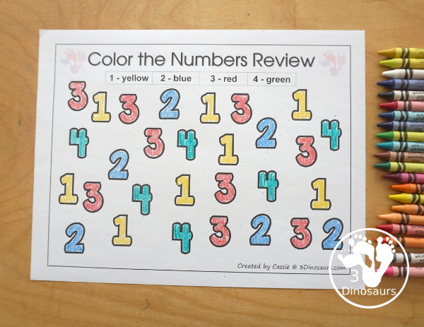 Free Romping & Roaring Number 1,2 , 3, 4 Review Pack with a mix of hands-on and no-prep number worksheets in black and white that work on review numbers 1, 2, 3, 4 - 3Dinosaurs.com