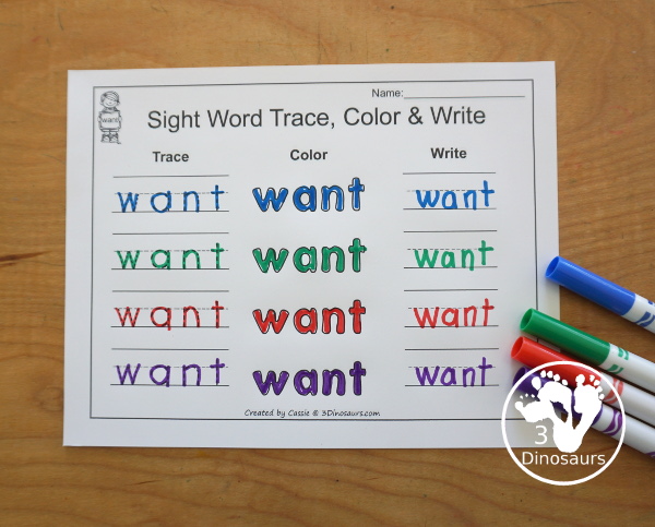Free Romping & Roaring Primer Sight Words: Too, Under, Want, Was - you have 6 pages for each sight word that work on learning the sight word in different ways with reading, writing, and finding. 3Dinosaurs.com