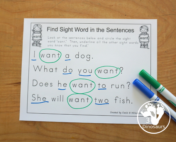 Free Romping & Roaring Primer Sight Words: Too, Under, Want, Was - you have 6 pages for each sight word that work on learning the sight word in different ways with reading, writing, and finding. 3Dinosaurs.com