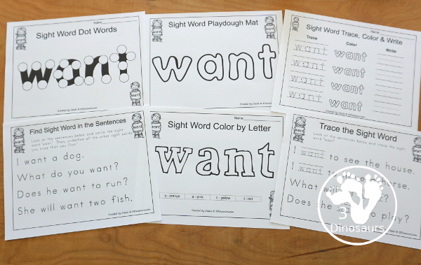 Free Romping & Roaring Primer Sight Word: Want - you have 6 pages for each sight word that work on learning the sight word in different ways with reading, writing, and finding. 3Dinosaurs.com