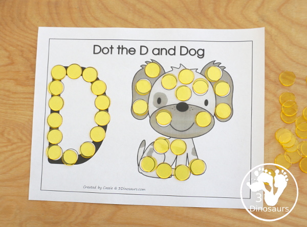 Free Romping & Roaring D Pack Letter Pack: D is for Dog - a letter D pack that has prewriting, finding letters, tracing letters, coloring pages, shapes, puzzles, and more to help kids learn their letter of the alphabet - 3Dinosaurs.com