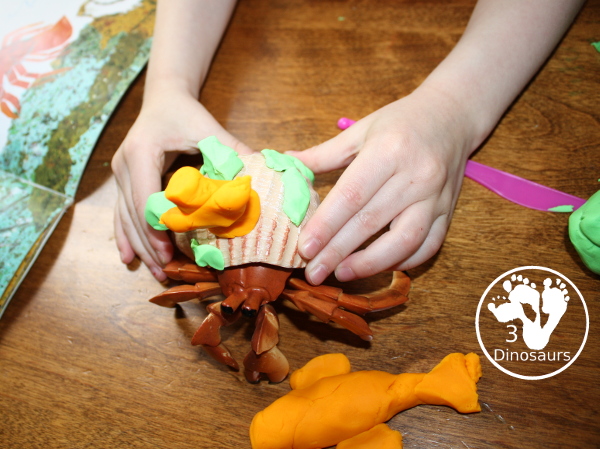 Playdough House for Hermit Crab - a fun book and playdough activity that kids can do. Have kids make their own decorations for a hermit crab with playdough. 3Dinosaurs.com