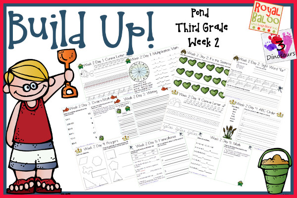Build Up Summer Learning: Week 2 Pond - Third Grade: Sight Words: bring, far, light, small, warm; A R-Controlled Vowels, Cursive Alphabet: F, G, H, I J; Math & Language - 3Dinosaurs.com & RoyalBaloo.com 