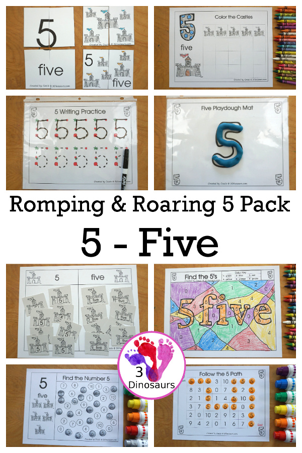 Free Romping and Roaring Number 5 Knight Theme Pack with number 5 worksheets, number 5 puzzles, number 5 handwriting, number 5 dot marker worksheets and more for PreK and kindergarten age kids with a castle and knight theme.  - 3Dinosaurs.com