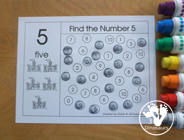 Free Romping and Roaring Number 5 Knight Theme Pack with number 5 worksheets, number 5 puzzles, number 5 handwriting, number 5 dot marker worksheets and more for PreK and kindergarten age kids with a castle and knight theme.  - 3Dinosaurs.com