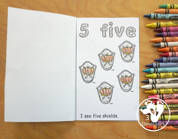 Free Romping and Roaring Number 5 Knight Theme Pack with number 5 worksheets, number 5 puzzles, number 5 handwriting, number 5 dot marker worksheets and more for PreK and kindergarten age kids with a castle and knight theme.  - 3Dinosaurs.com