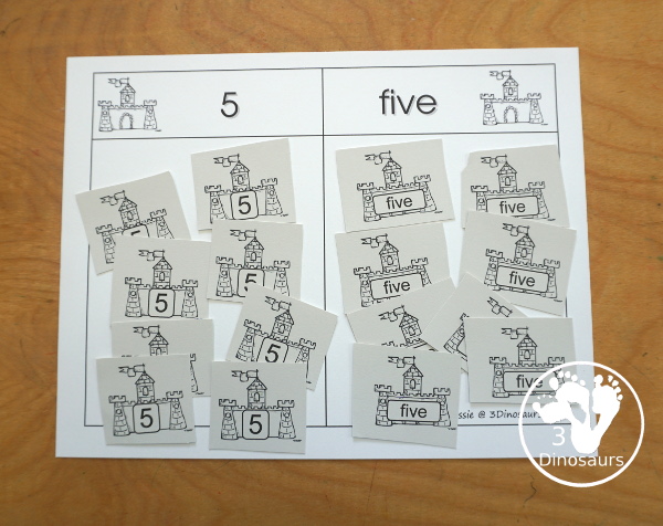 Free Romping and Roaring Number 5 Knight Theme Pack with number 5 worksheets, number 5 puzzles, number 5 handwriting, number 5 dot marker worksheets and more for PreK and kindergarten age kids with a castle and knight theme.  - 3Dinosaurs.com