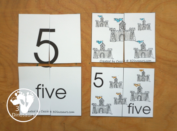 Free Romping and Roaring Number 5 Knight Theme Pack with number 5 worksheets, number 5 puzzles, number 5 handwriting, number 5 dot marker worksheets and more for PreK and kindergarten age kids with a castle and knight theme.  - 3Dinosaurs.com