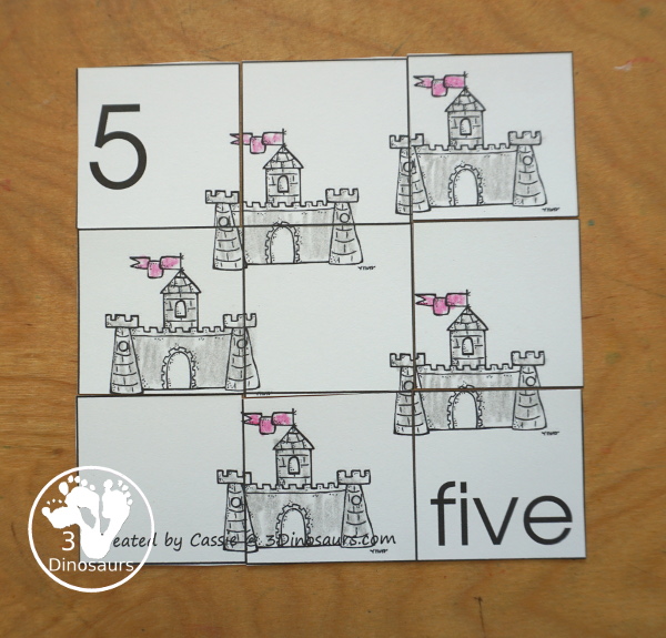 Free Romping and Roaring Number 5 Knight Theme Pack with number 5 worksheets, number 5 puzzles, number 5 handwriting, number 5 dot marker worksheets and more for PreK and kindergarten age kids with a castle and knight theme.  - 3Dinosaurs.com