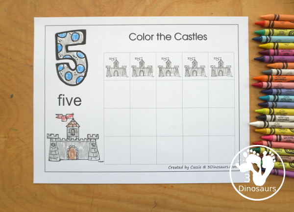 Free Romping and Roaring Number 5 Knight Theme Pack with number 5 worksheets, number 5 puzzles, number 5 handwriting, number 5 dot marker worksheets and more for PreK and kindergarten age kids with a castle and knight theme.  - 3Dinosaurs.com