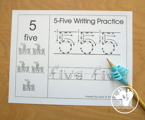 Free Romping and Roaring Number 5 Knight Theme Pack with number 5 worksheets, number 5 puzzles, number 5 handwriting, number 5 dot marker worksheets and more for PreK and kindergarten age kids with a castle and knight theme.  - 3Dinosaurs.com