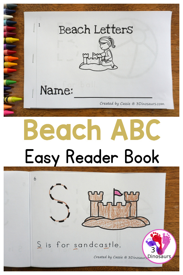 Free Beach ABC Easy Reader Book - simple 8 page book to use with kids - You have tracing the letter that matches the picture and sentence on each page. - 3Dinosaurs.com
