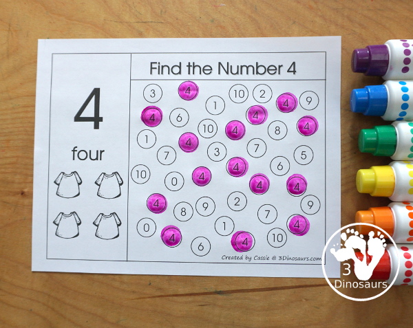 Free Romping and Roaring Number 4 Pack - with number 4 worksheets, number 4 puzzles, number 4 handwriting, number 4 dot marker worksheets and more for PreK and kindergarten age kids with a shirt theme.  - 3Dinosaurs.com