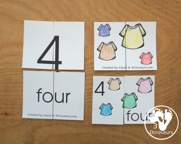 Free Romping and Roaring Number 4 Pack - with number 4 worksheets, number 4 puzzles, number 4 handwriting, number 4 dot marker worksheets and more for PreK and kindergarten age kids with a shirt theme.  - 3Dinosaurs.com