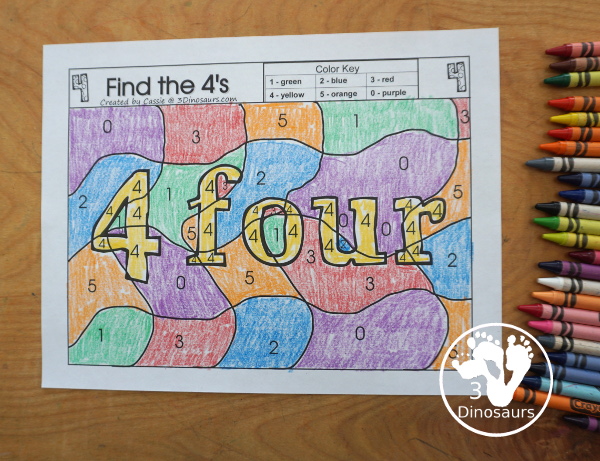 Free Romping and Roaring Number 4 Pack - with number 4 worksheets, number 4 puzzles, number 4 handwriting, number 4 dot marker worksheets and more for PreK and kindergarten age kids with a shirt theme.  - 3Dinosaurs.com