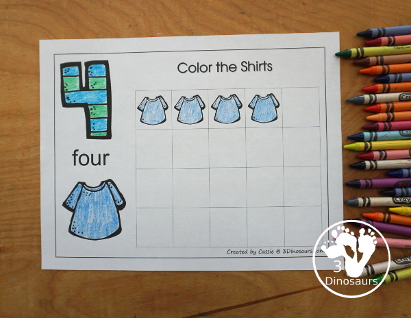 Free Romping and Roaring Number 4 Pack - with number 4 worksheets, number 4 puzzles, number 4 handwriting, number 4 dot marker worksheets and more for PreK and kindergarten age kids with a shirt theme.  - 3Dinosaurs.com