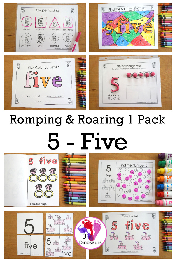Romping & Roaring Number 5  Princess Theme Pack - with number 5 worksheets, number 5 puzzles, number 5 handwriting, number 5 dot marker worksheets and more for PreK and kindergarten age kids with a castle and princess theme.  - 3Dinosaurs.com