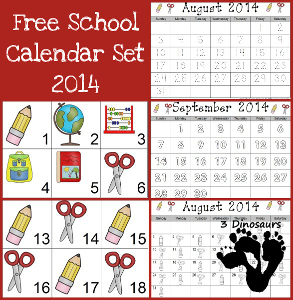 Free School Calendar Set Printables  - 3Dinosaurs.com