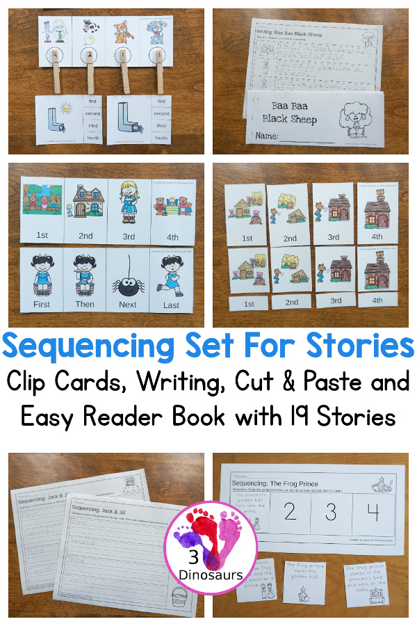 Sequencing Card Set for Stories: Nursery Rhymes, Folk Tales and Fairy Tales with clip cards, task cards, no-prep worksheets and easy reader books $ - 3Dinosaurs.com #printablesforkids #sequencingforkids #3dinosaurs #tpt #teacherspayteachers