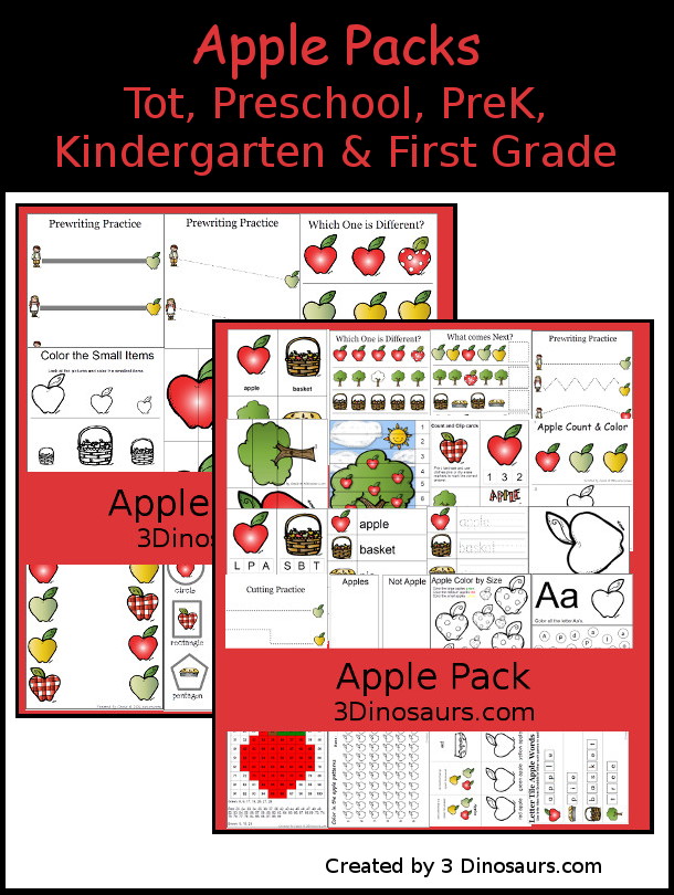 Free Apple Activities Pack for Tot, Preschool, Prek, & Kindergarten with over 100 pages of printables to use with kids. It has hands-on apple activities, apple worksheets, and more. All great apple themes for kids. You can use it with tot, preschool, prek, kindergarten, and first grade. 3Dinosaurs.com