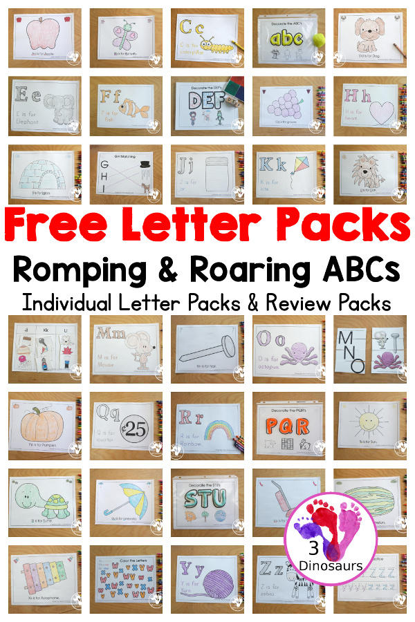 Free Romping & Roaring ABC Packs - a collection of free ABC packs that you can use with kids. With lots of fun activities in each pack. 26 letter packs for kids - 3Dinosaurs.com