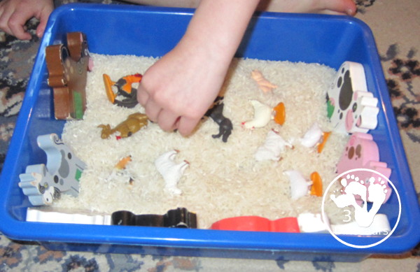 Farm Sensory Bin - a simple to put together rice and farm animals sensory bin that kids can use for sensory play. 3Dinosaurs.com