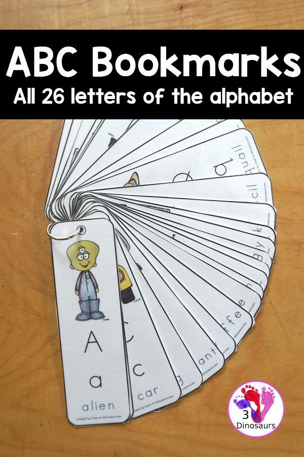 Free ABC Bookmarks - a bookmark for each letter of the alphabet with uppercase letter, lowercase letter and the word to match the picture on the bookmark. A great letter bookmark set for kids. - 3Dinosaurs.com
