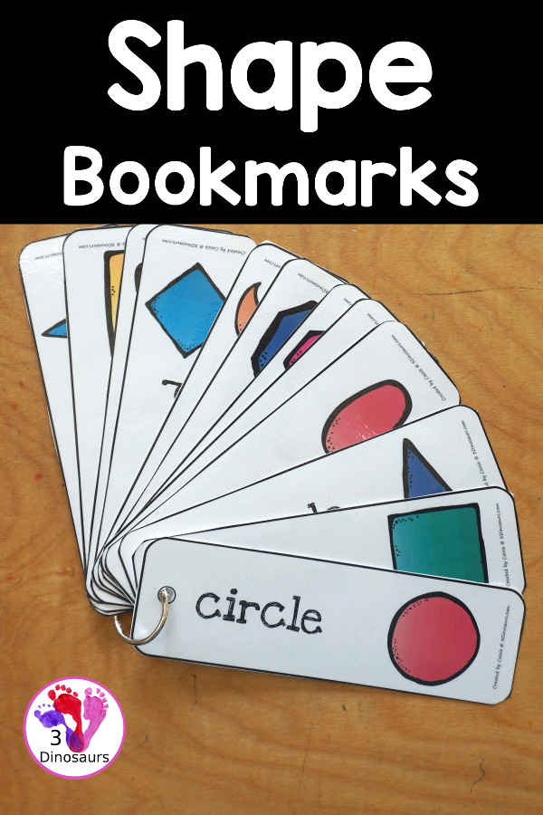 Free Shape Bookmarks - 12 different shapes on each bookmark. You have shape and shape word on each bookmark. There are four bookmarks on each page. 3Dinosaurs.com
