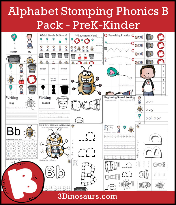 Alphabet Stomping Phonics B Pack - 62 pages of letter B printables - 3Dinosaurs.com