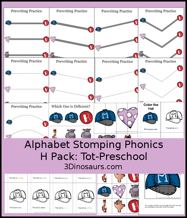 Free Alphabet Stomping Phonics H Tot-Preschool Pack - 20 pages of printables - 3Dinosaurs.com