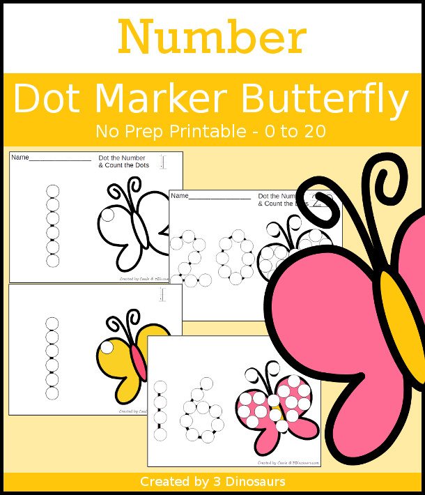 Butterfly Dot the Number & Count the Dots - numbers 0 to 20 with dot marker activities for kids to work on numbers and counting - 3Dinosaurs.com