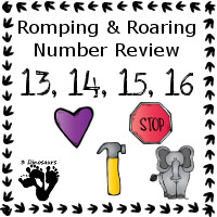 Romping & Roaring Number 13, 14, 15, 16 Review Pack Set 2 - 13: shapes, 14: transportation signs, 15: tools, 16: zoo - 3Dinosaurs.com