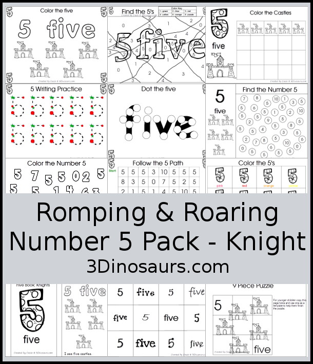 Free Romping and Roaring Number 5 Knight Theme Pack with number 5 worksheets, number 5 puzzles, number 5 handwriting, number 5 dot marker worksheets and more for PreK and kindergarten age kids with a castle and knight theme.  - 3Dinosaurs.com