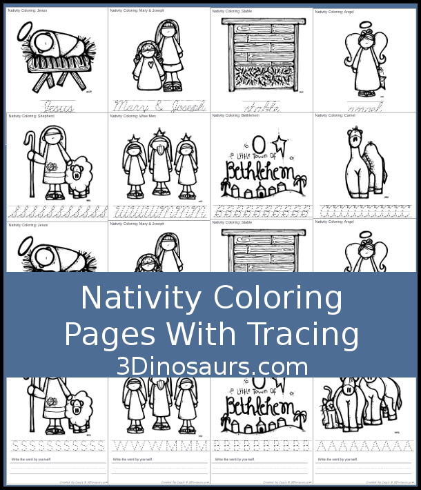 Free Nativity Coloring with Word Print & Cursive  with 9 nativity words and four options for the coloring - 3Dinosaurs.com