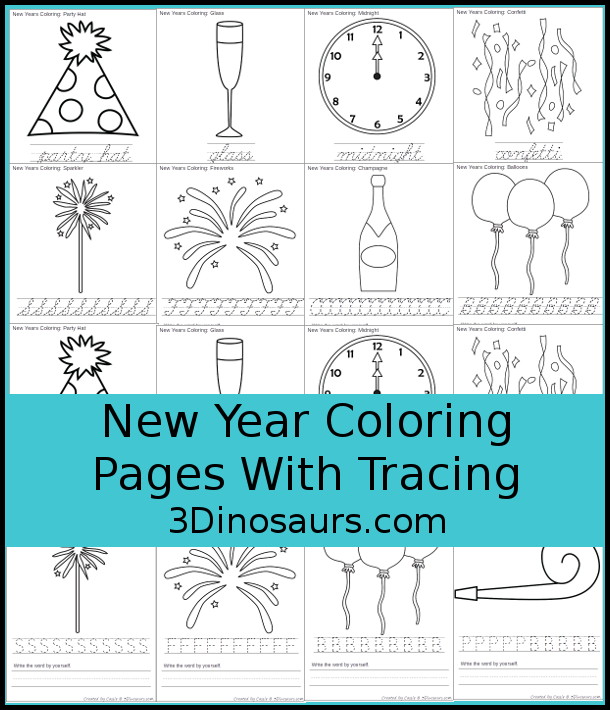 Free New Years Coloring with Word Print & Cursive - 3Dinosaurs.com